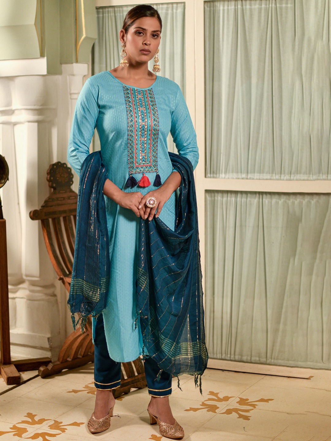 

KALINI Embroidered Round Neck Straight Kurta & Trousers With Dupatta, Blue