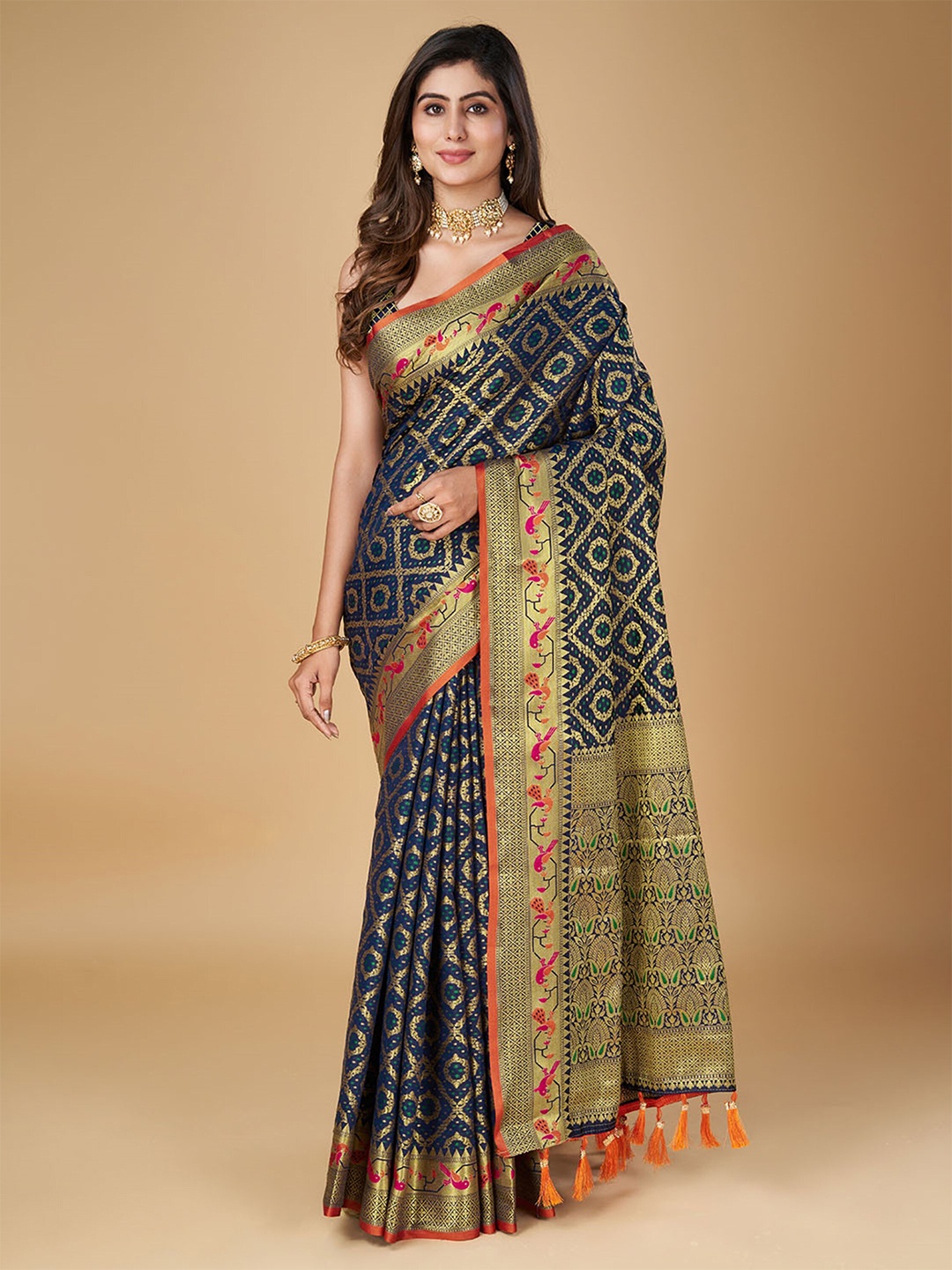 

Mitera Navy Blue Ethnic Motifs Woven Design Zari Silk Blend Patola Saree