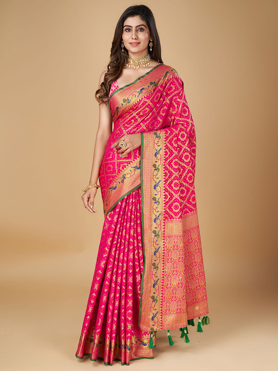 

Mitera Woven Design Zari Silk Blend Designer Patola Saree, Pink
