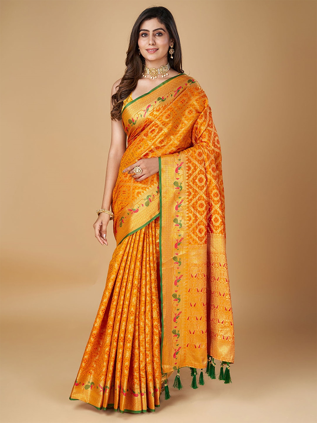 

Mitera Woven Design Zari Silk Blend Designer Patola Saree with Tassels, Orange