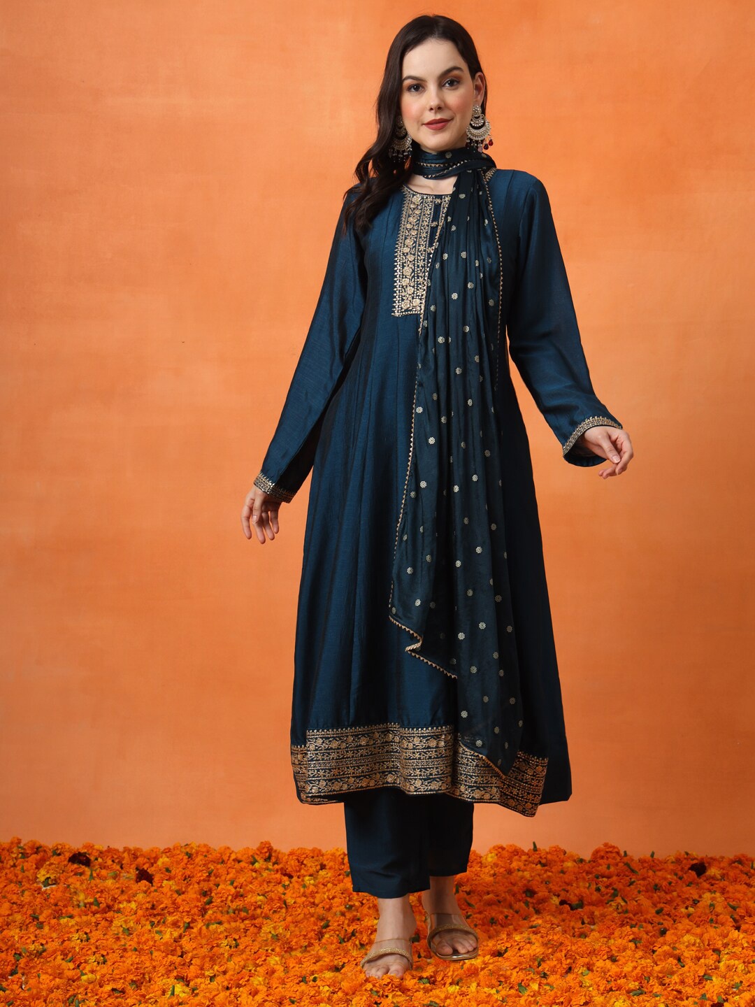 

Anouk Embroidered Empire Kurta with Trousers & With Dupatta, Teal