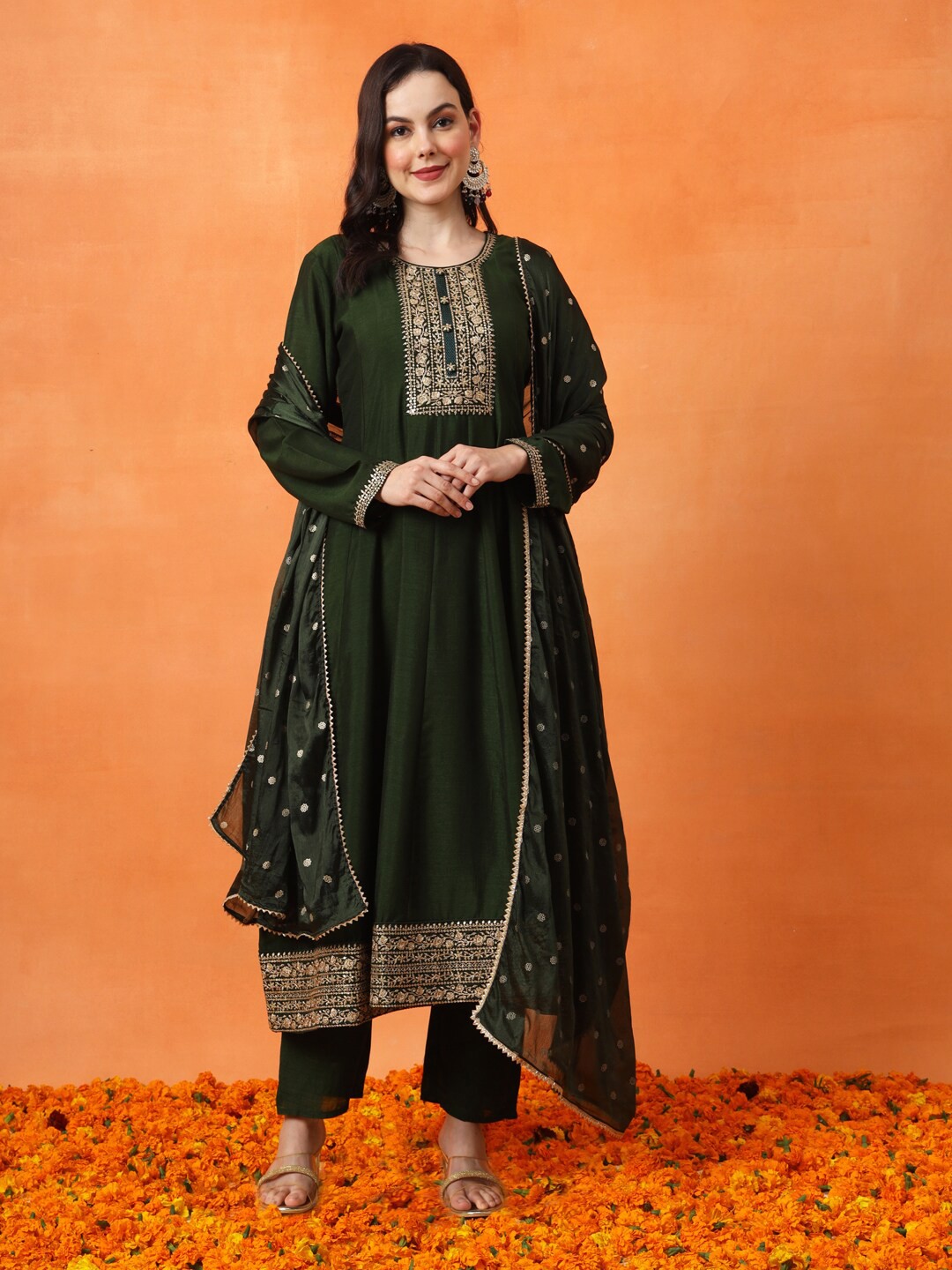 

Anouk Embroidered Empire Kurta with Trousers & Dupatta, Green