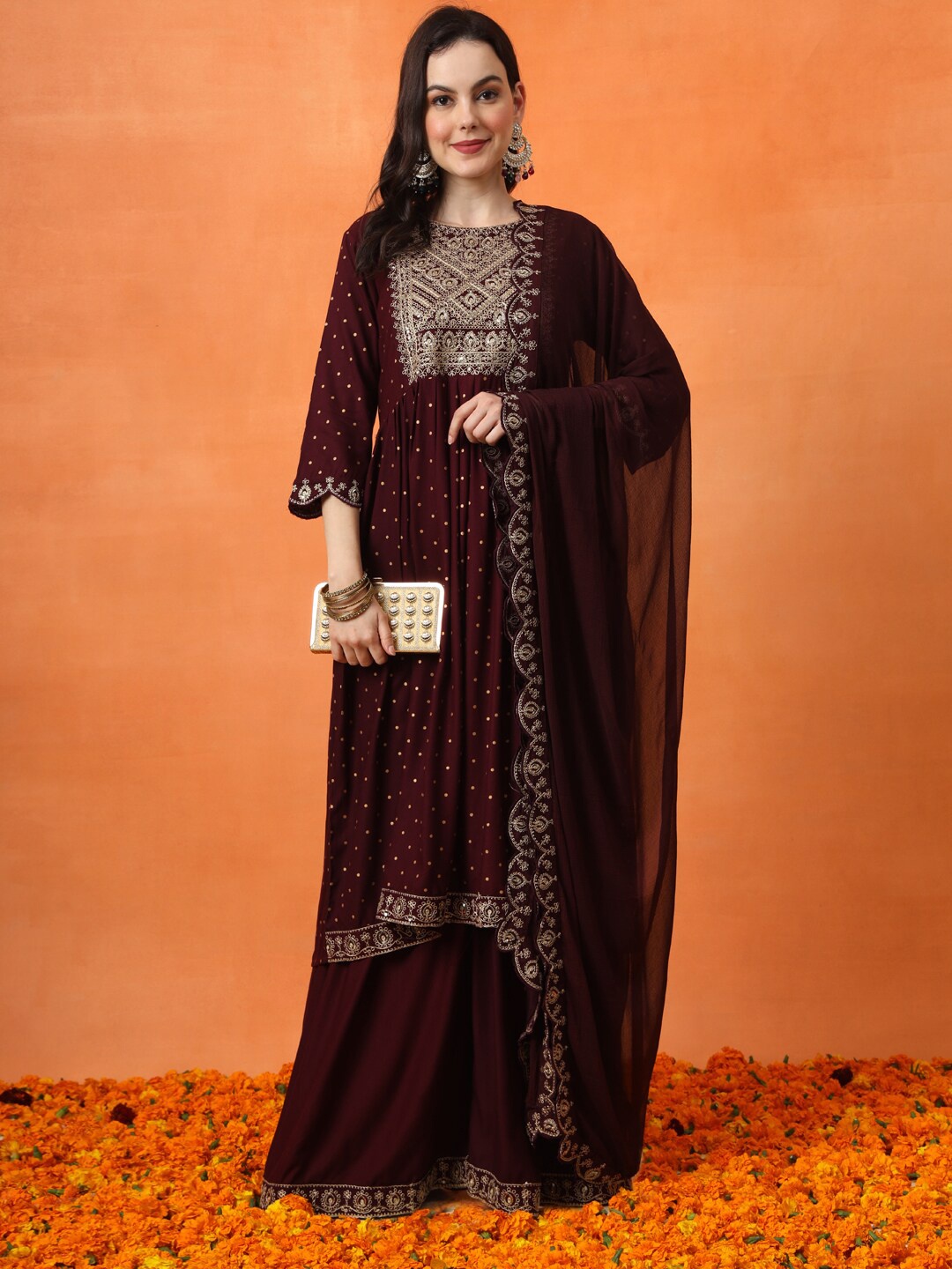 

Anouk Embroidered Pleated Kurta with Sharara & Dupatta, Burgundy