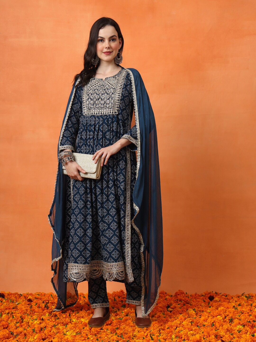 

Anouk Embroidered Pleated Kurta with Trousers & Dupatta, Teal
