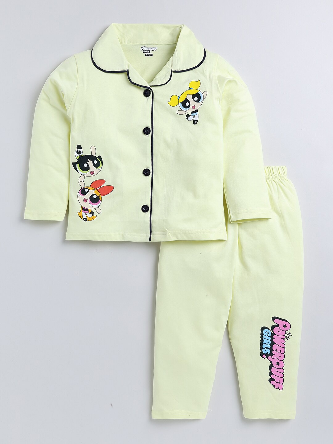 

DENIKID Kids Powerpuff Printed Pure Cotton Nightsuit, Lime green