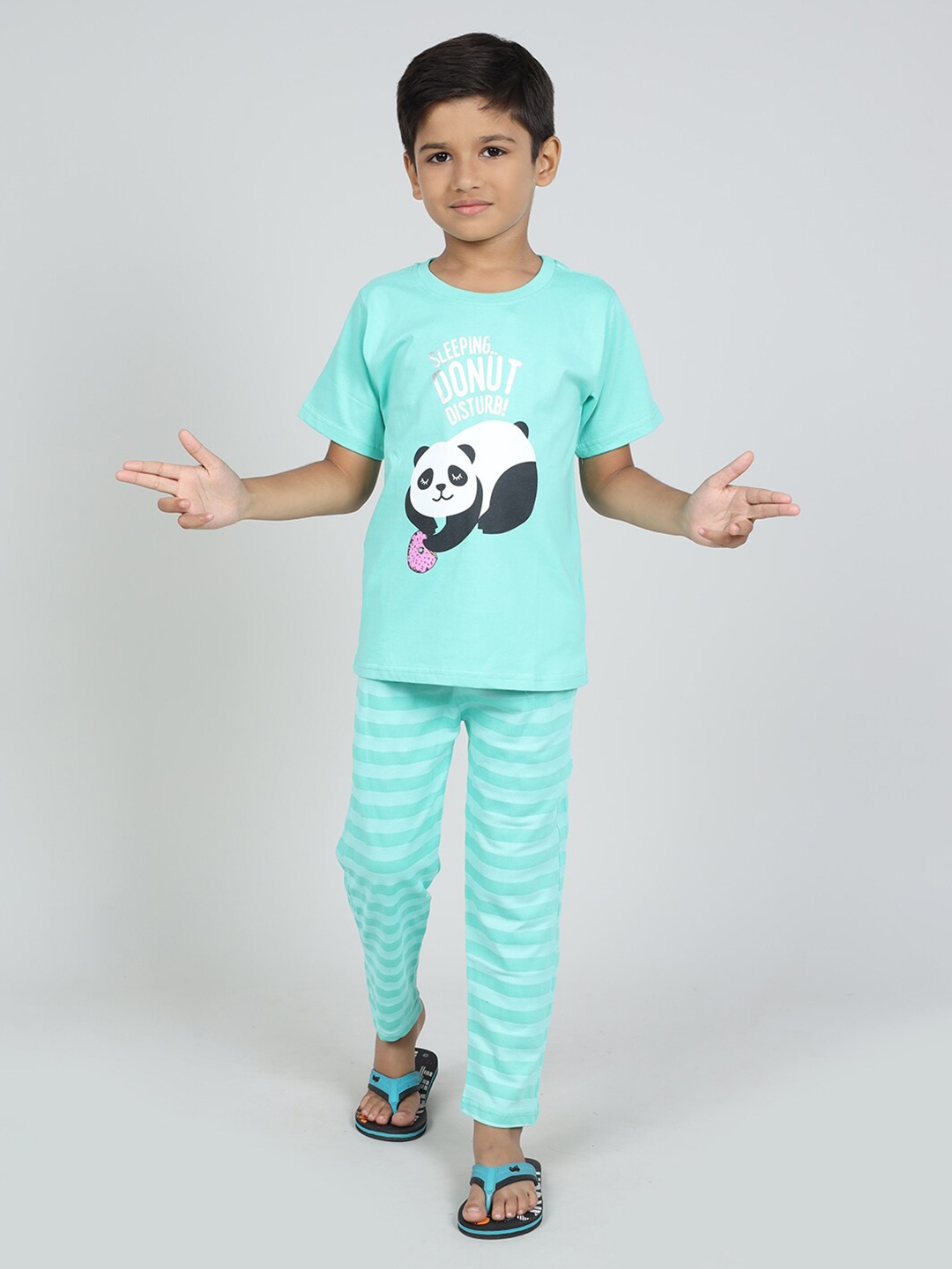 

DENIKID Kids Panda Printed Pure Cotton Night Suit, Green
