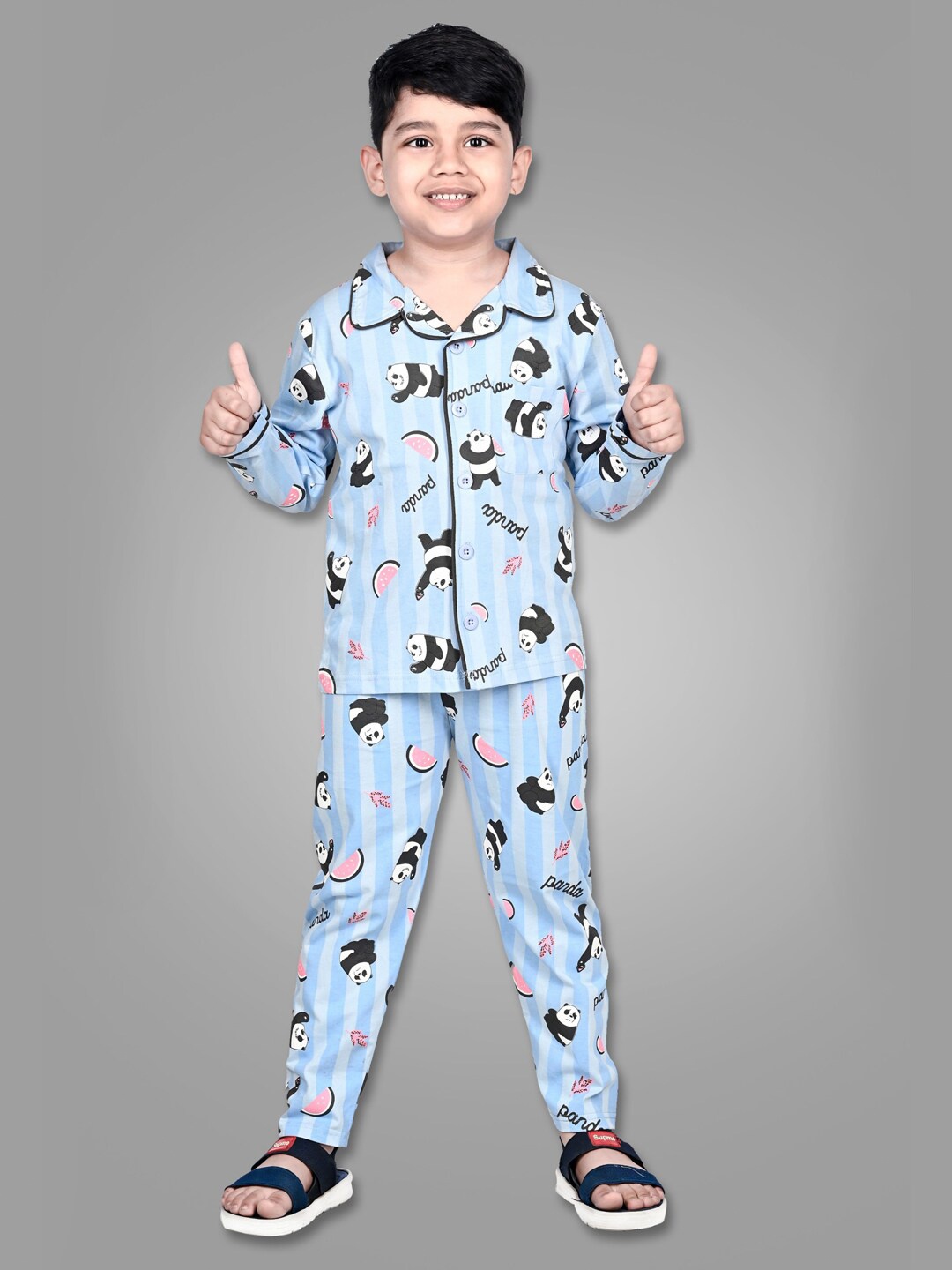 

DENIKID Kids Panda Printed Pure Cotton Night Suit, Blue