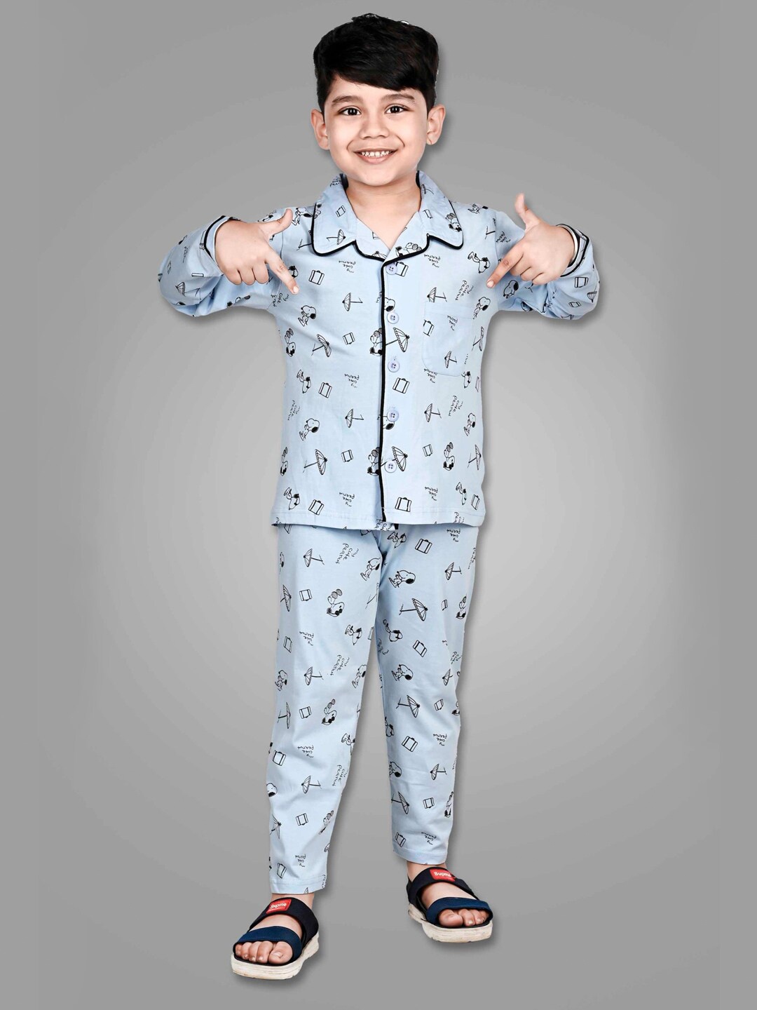 

DENIKID Kids Conversational Printed Pure Cotton Night suit, Blue