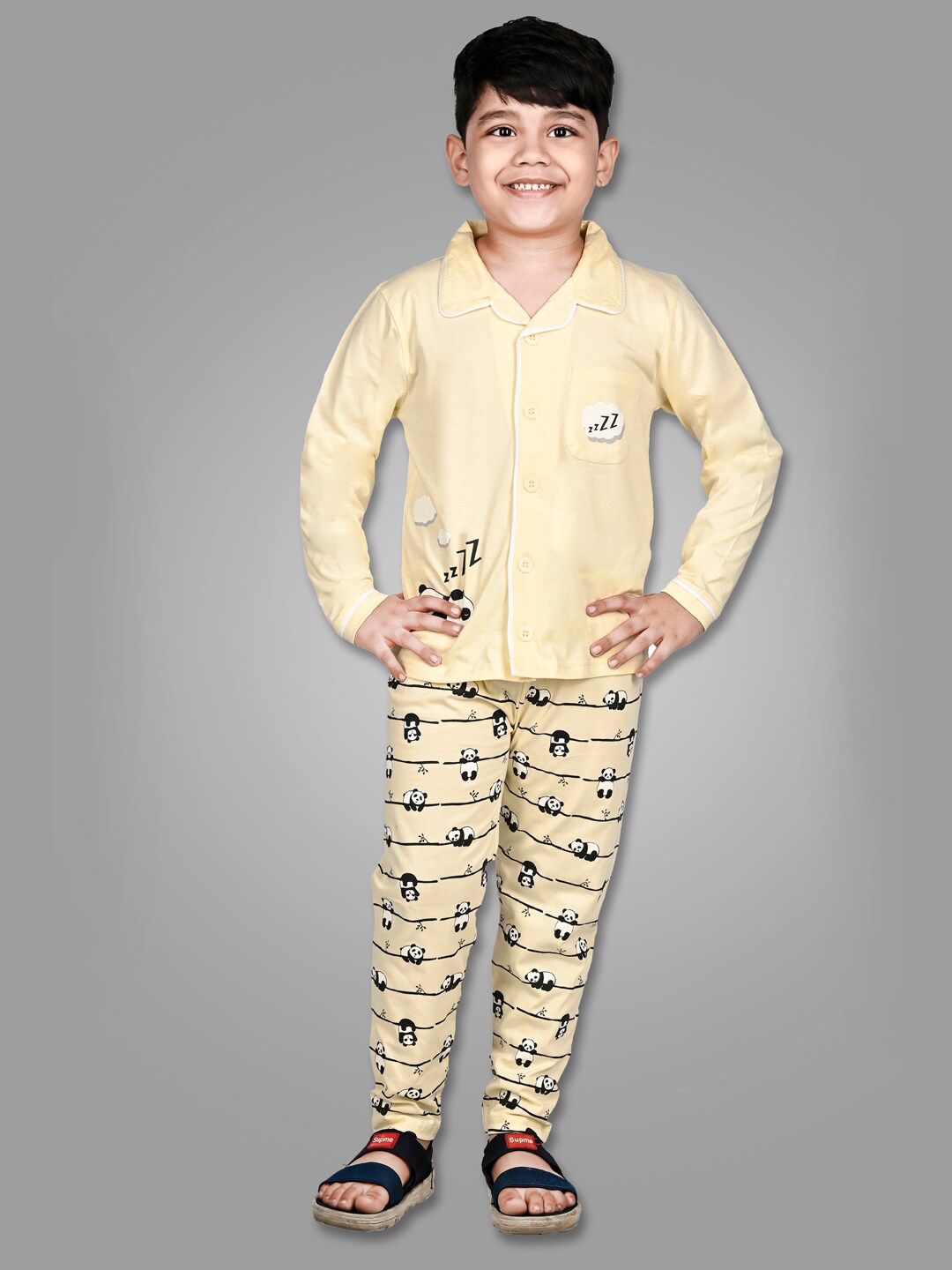 

DENIKID Kids Graphic Printed Pure Cotton Night Suits, Yellow