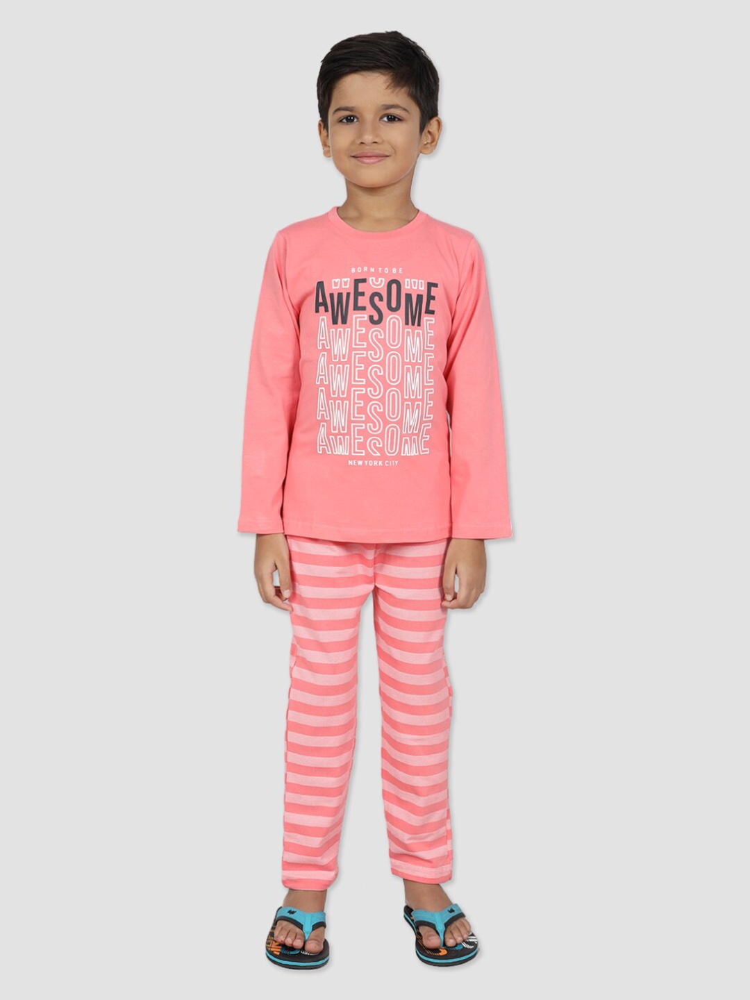 

DENIKID Kids Typography Printed Pure Cotton Night Suits, Pink