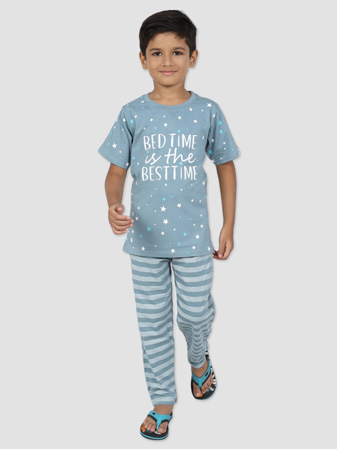 

DENIKID Kids Typography Printed Pure Cotton Night Suit, Grey