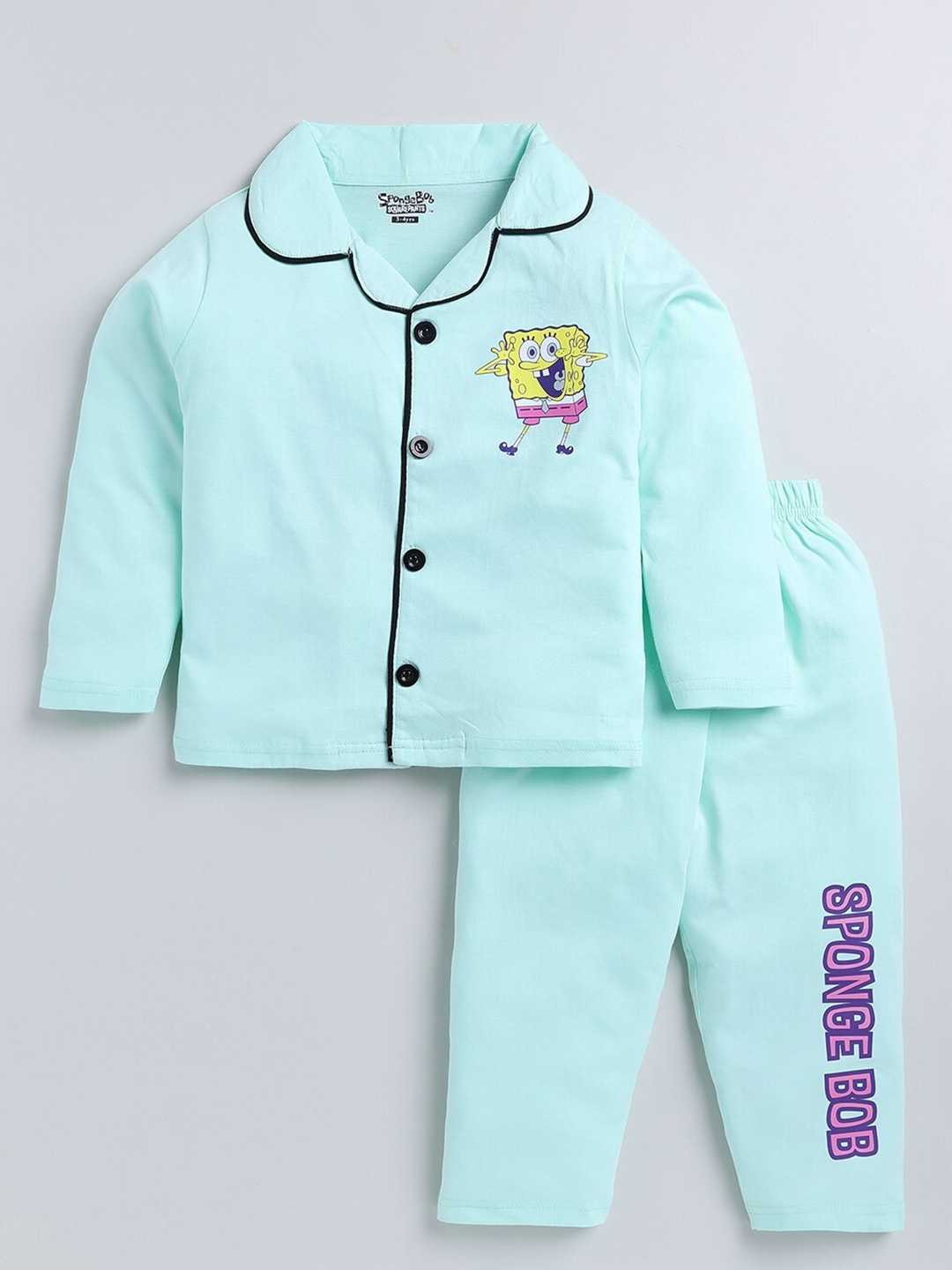 

DENIKID Kids Spongebob Printed Lapel Collar Pure Cotton Night Suit, Green