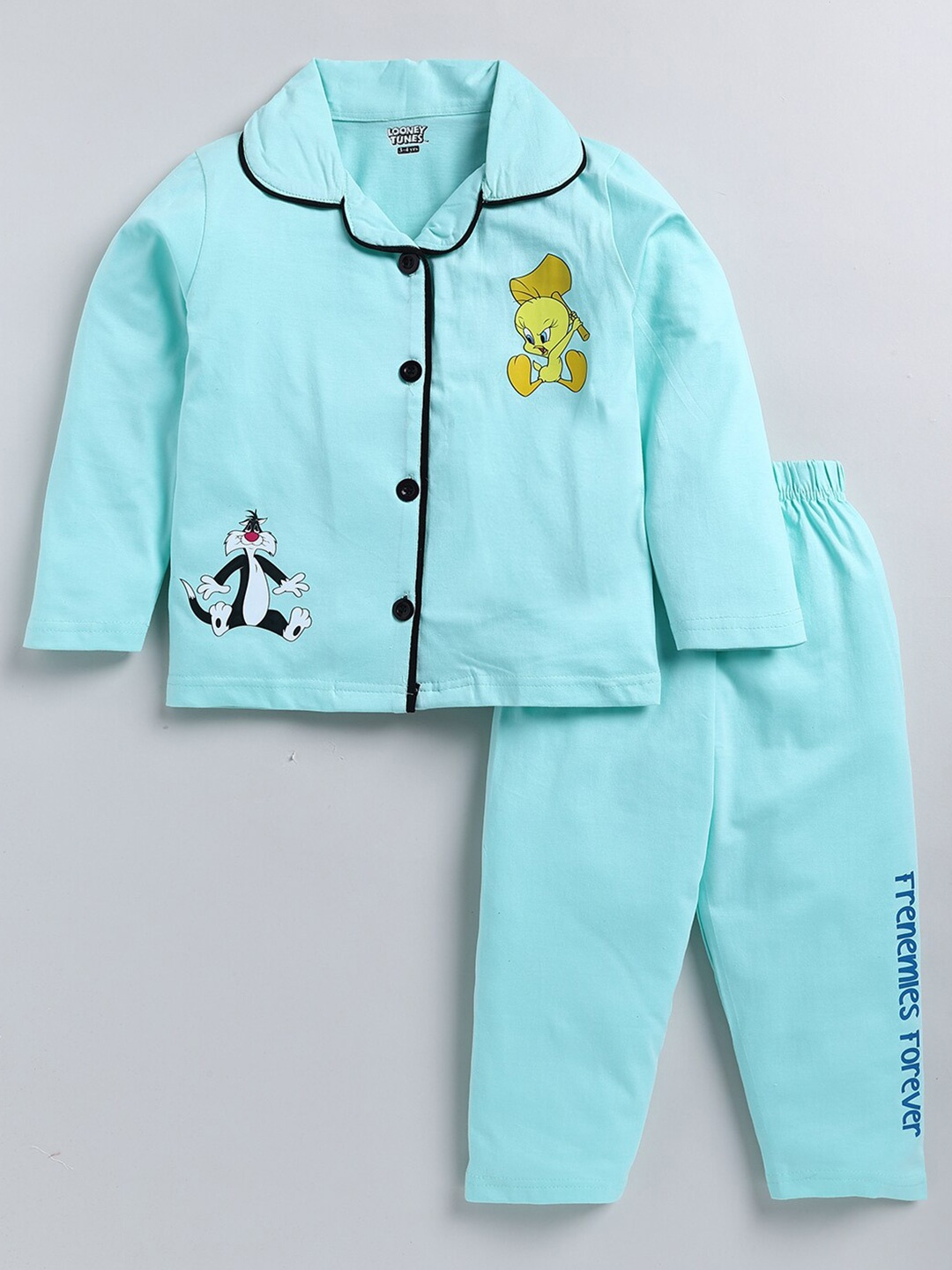 

DENIKID Kids Tweety Printed Lapel Collar Pure Cotton Night Suit, Green