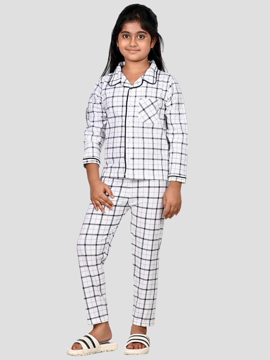 

DENIKID Girls Checked Pure Cotton Night Suit, White