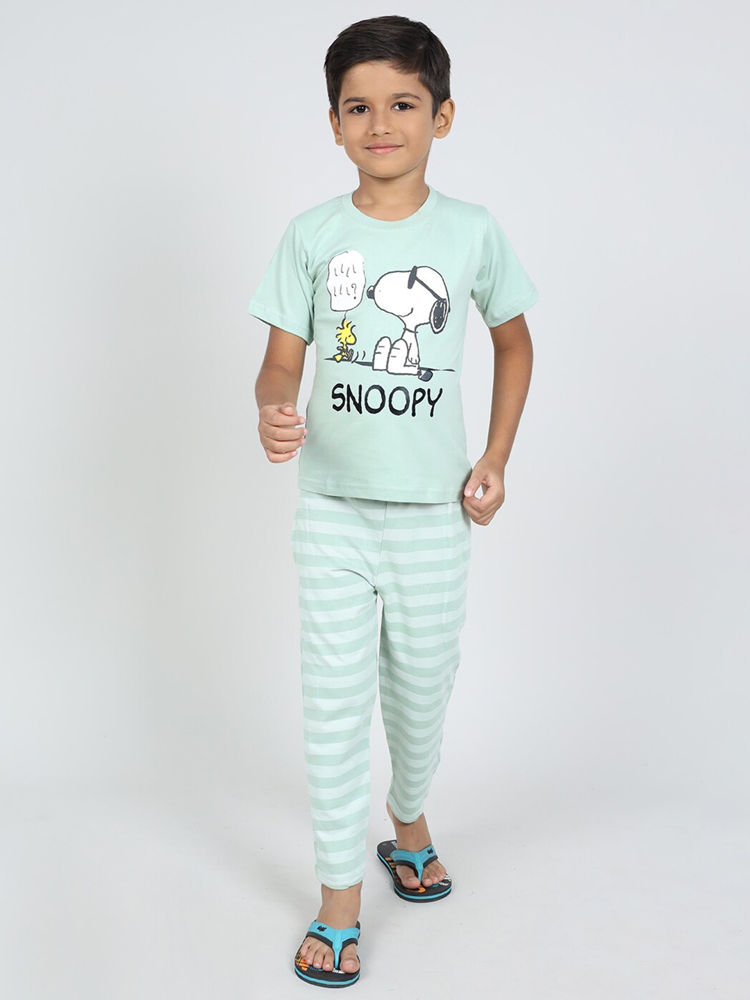 

DENIKID Kids Snoopy Printed Pure Cotton Night suits, Sea green