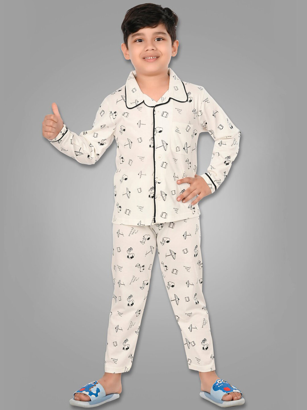 

DENIKID Kids Graphic Printed Pure Cotton Night Suit, White