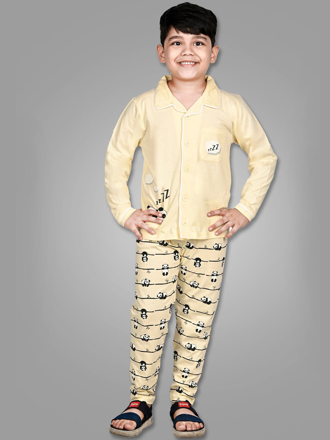 

DENIKID Kids Panda Printed Pure Cotton Night suit, Yellow