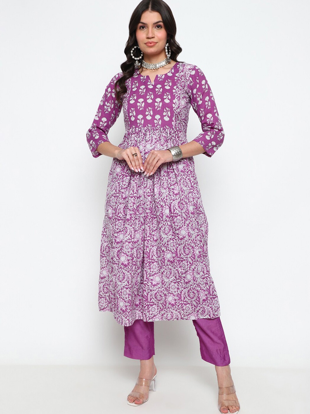 

AURIELLA Floral Printed Pleated Pure Cotton Kurta with Trousers, Purple