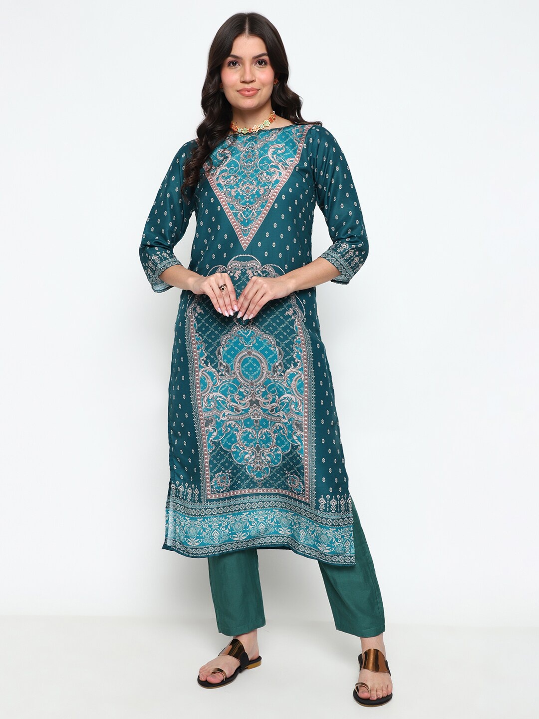 

AURIELLA Ethnic Motifs Printed Regular Kurta with Trousers, Teal