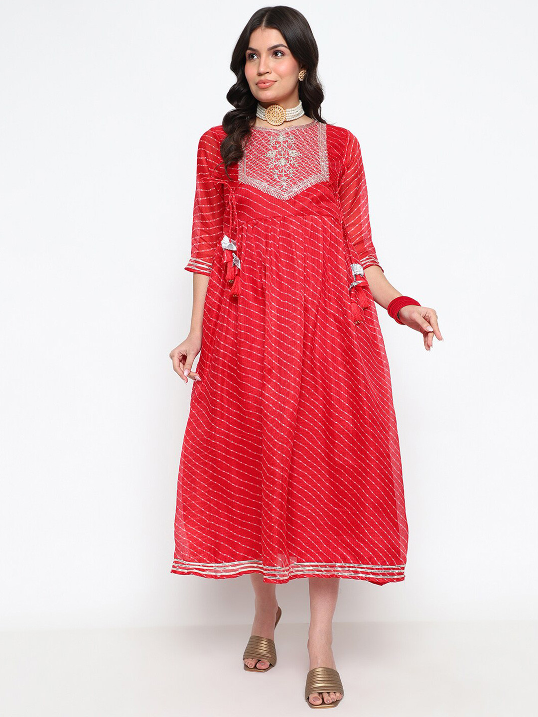 

AURIELLA Embroidered Round Neck Fit & Flare Cotton Casual Midi Dress, Red
