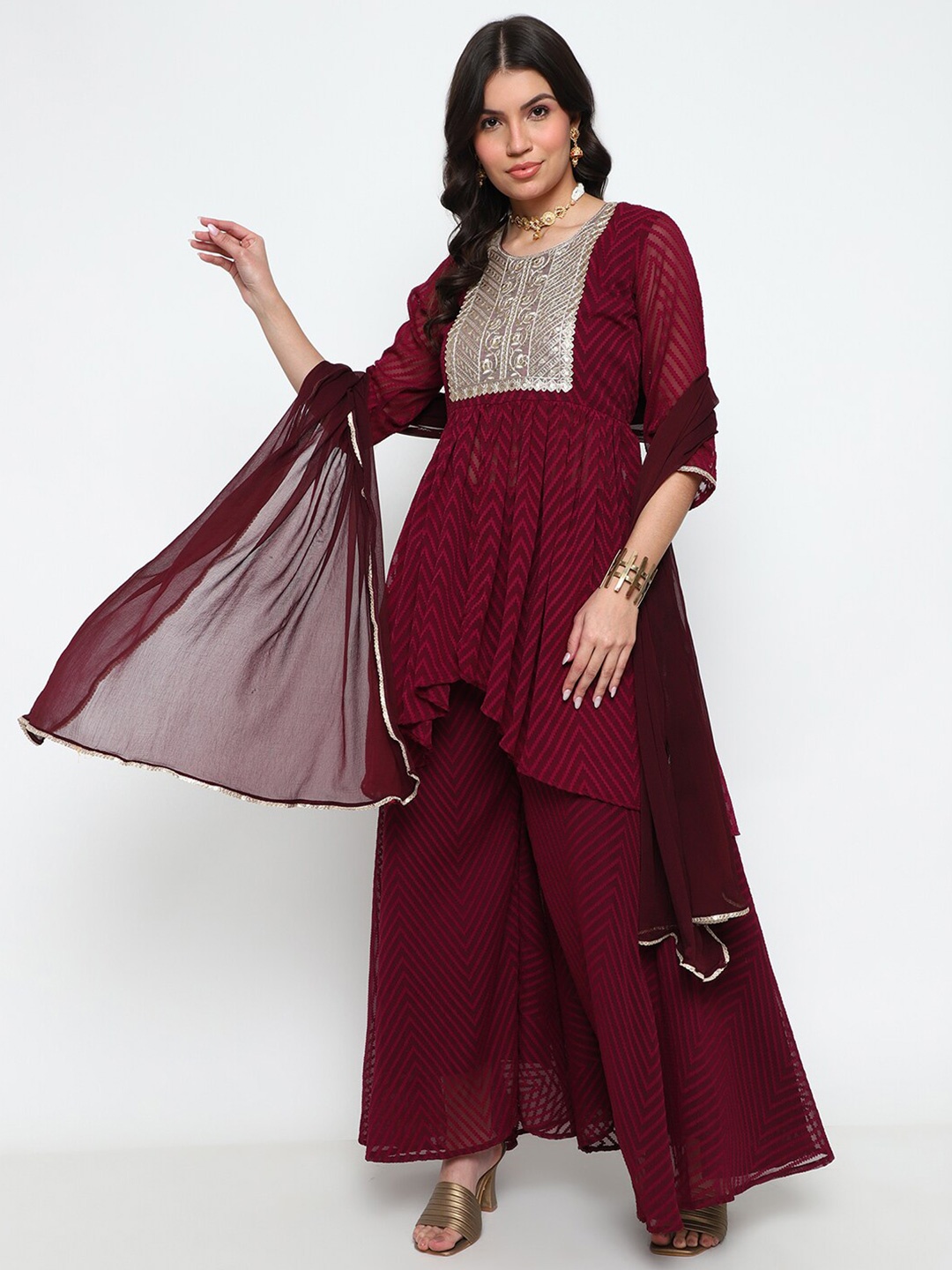 

AURIELLA Patchwork Kurta with Trousers & Dupatta, Maroon