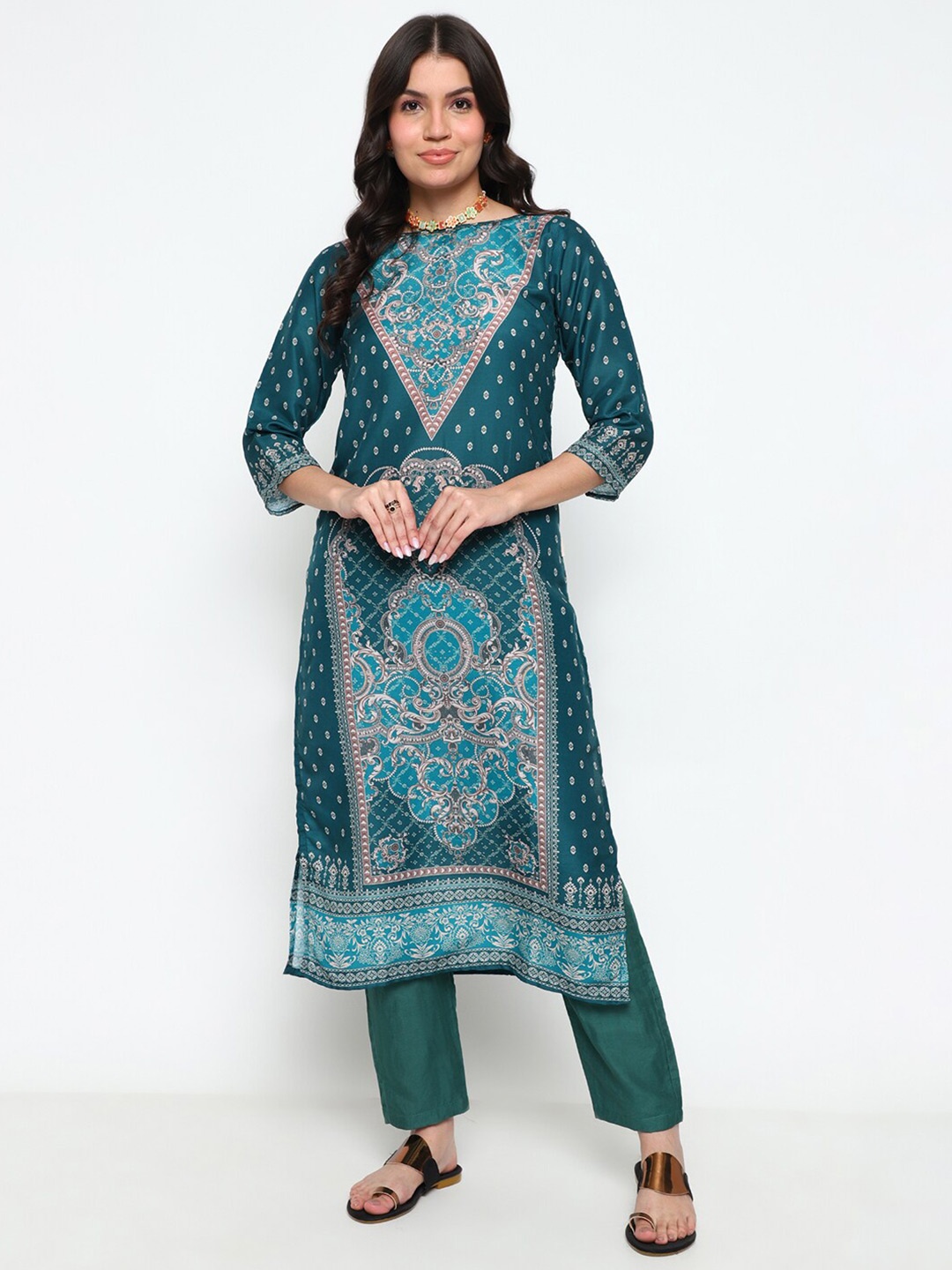 

AURIELLA Boat Neck Ethnic Printed Straight Kurta, Teal