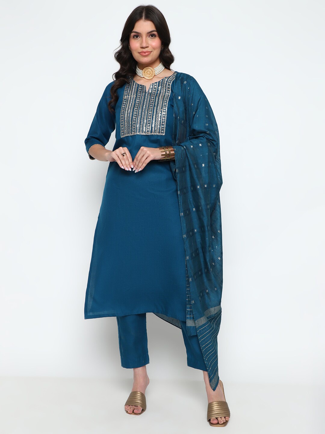 

AURIELLA Notch Neck Yoke Design Aari Work Straight Kurta with Trousers & Dupatta, Teal