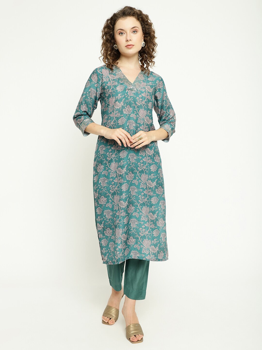 

AURIELLA Floral Printed V-Neck Straight Kurta, Teal