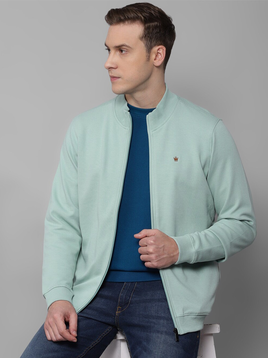 

Louis Philippe Mock Collar Cotton Front-Open Sweatshirt, Blue