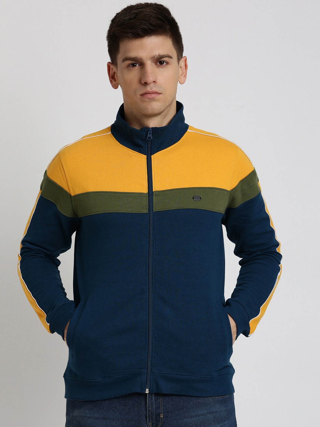 

Peter England Casuals Colourblocked Front-Open Sweatshirt, Navy blue