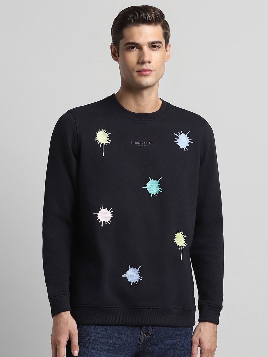 

SIMON CARTER LONDON Round Neck Printed Cotton Sweatshirt, Navy blue