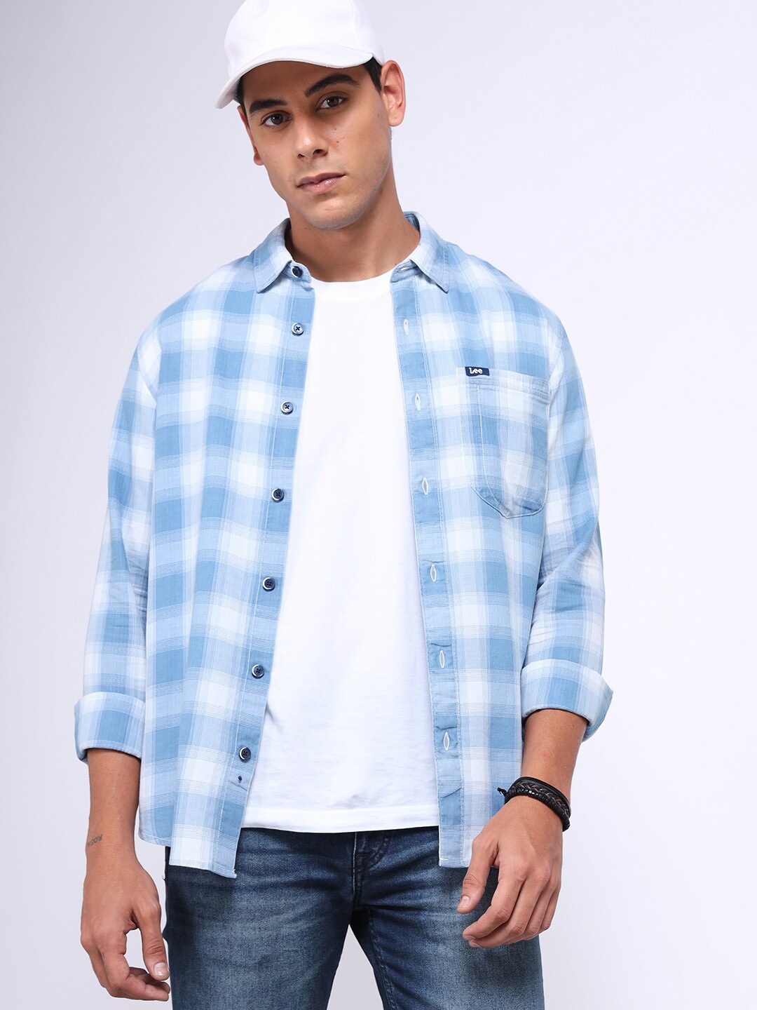 

Lee Classic Twill Checked Spread Collar Cotton Opaque Casual Shirt, Blue