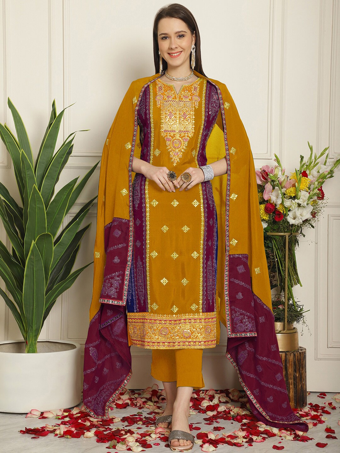 

Stylee LIFESTYLE Embroidered Sequinned Silk Chiffon Unstitched Dress Material, Mustard