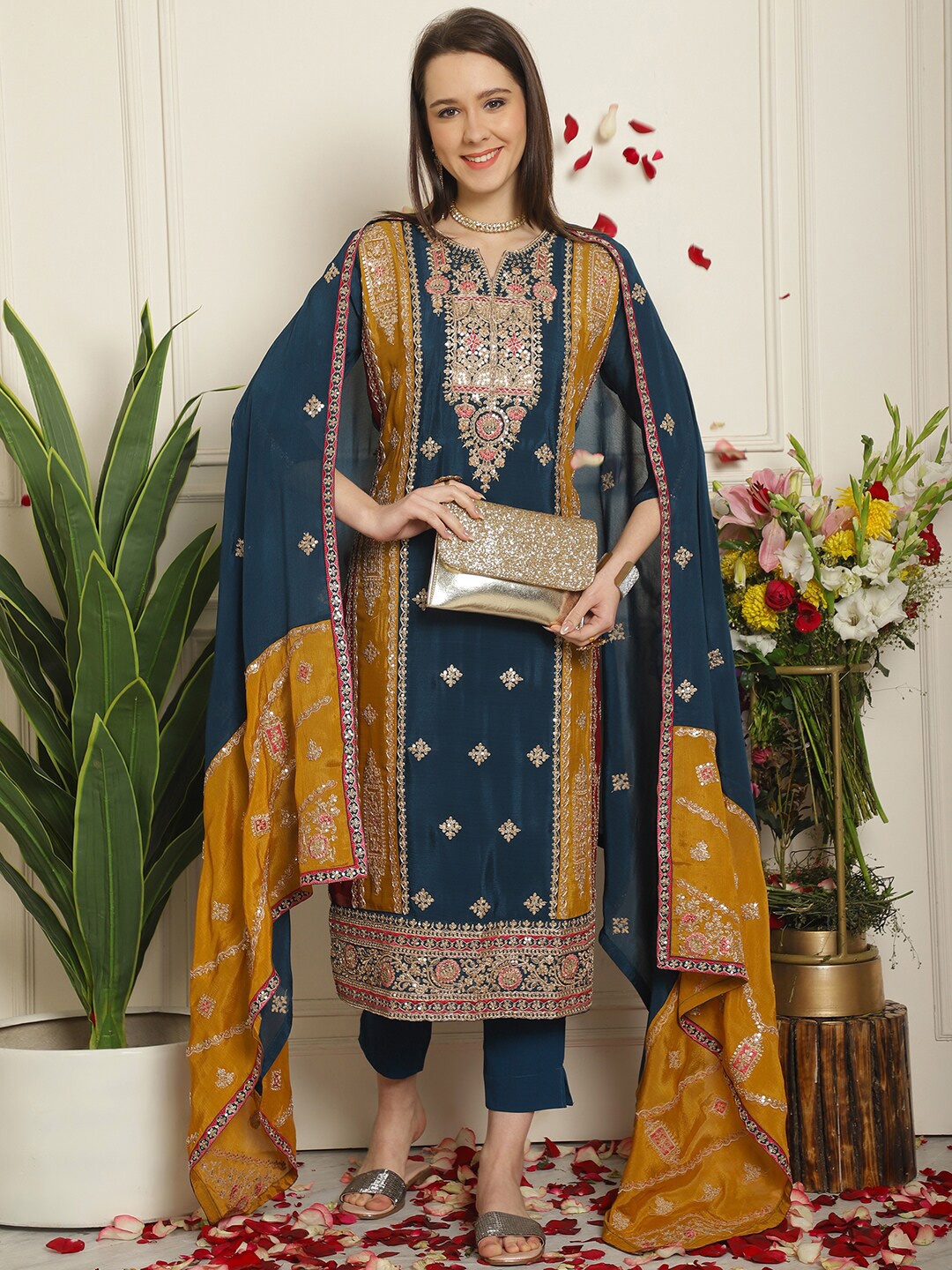 

Stylee LIFESTYLE Floral Embroidered Sequinned Silk Chiffon Unstitched Dress Material, Navy blue