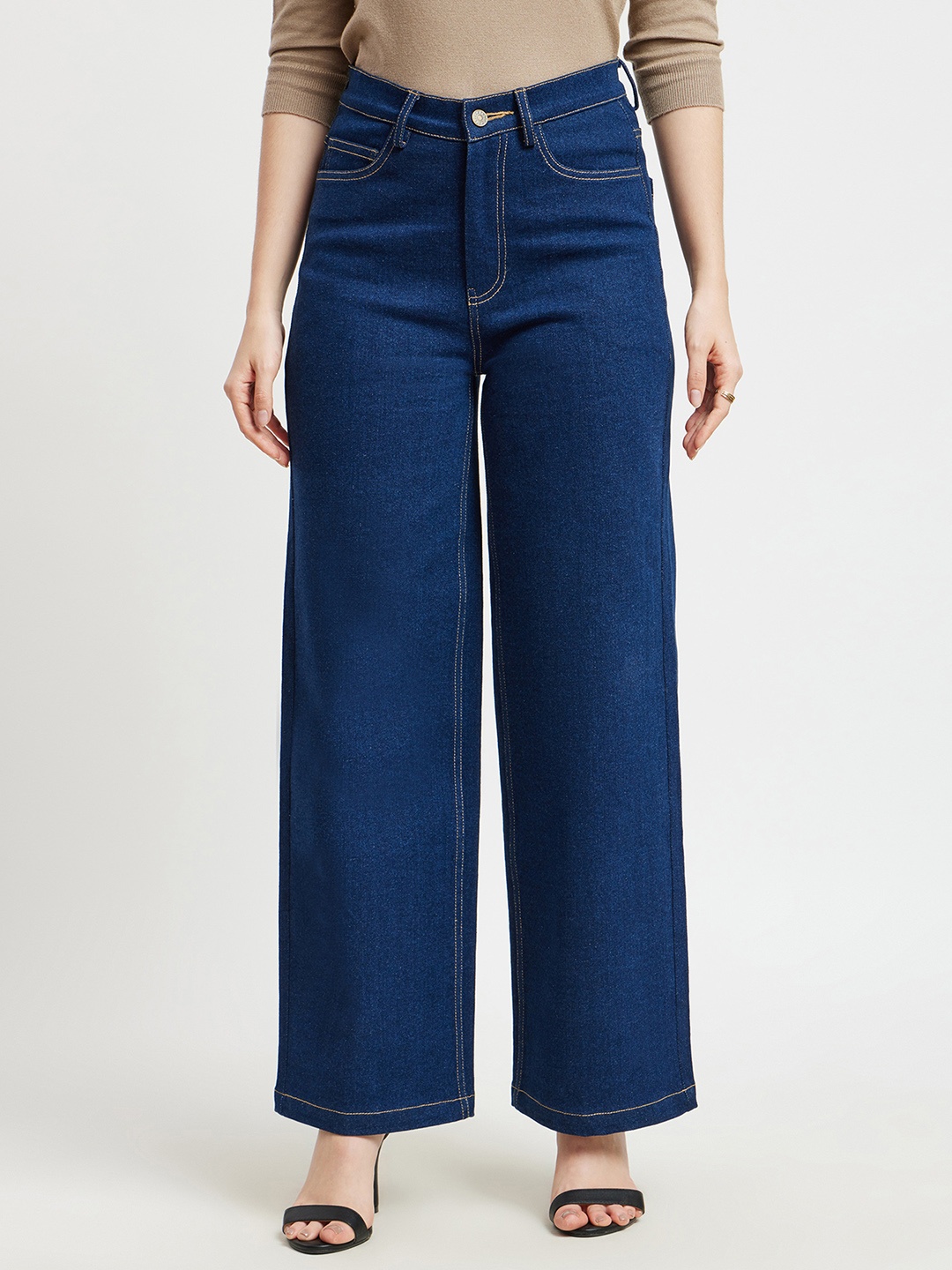 

FableStreet Women Flared Wide Leg High-Rise Cotton Jeans, Navy blue