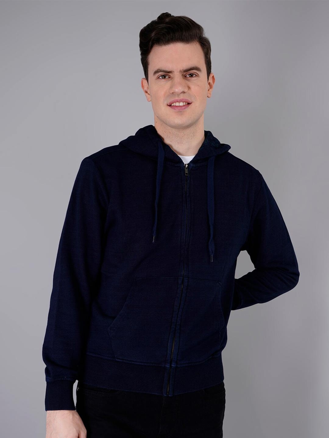 

TIM PARIS Hooded Stretchable Cotton Front Open Sweatshirt, Navy blue