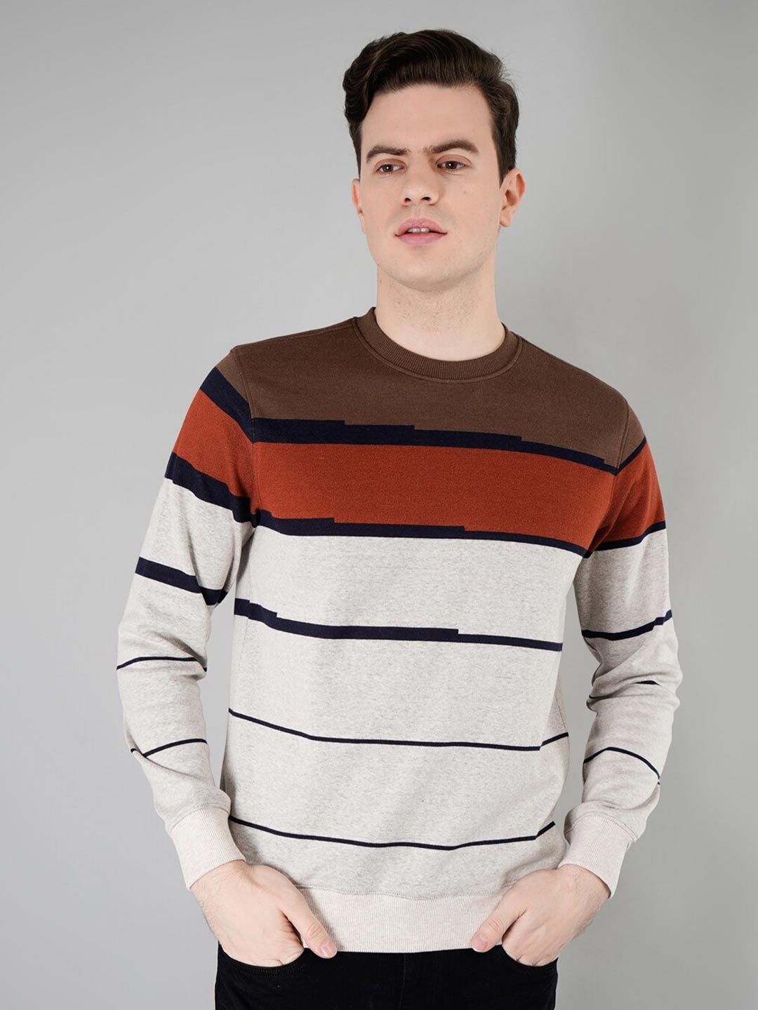 

TIM PARIS Striped Stretchable Cotton Pullover Sweatshirt, Brown