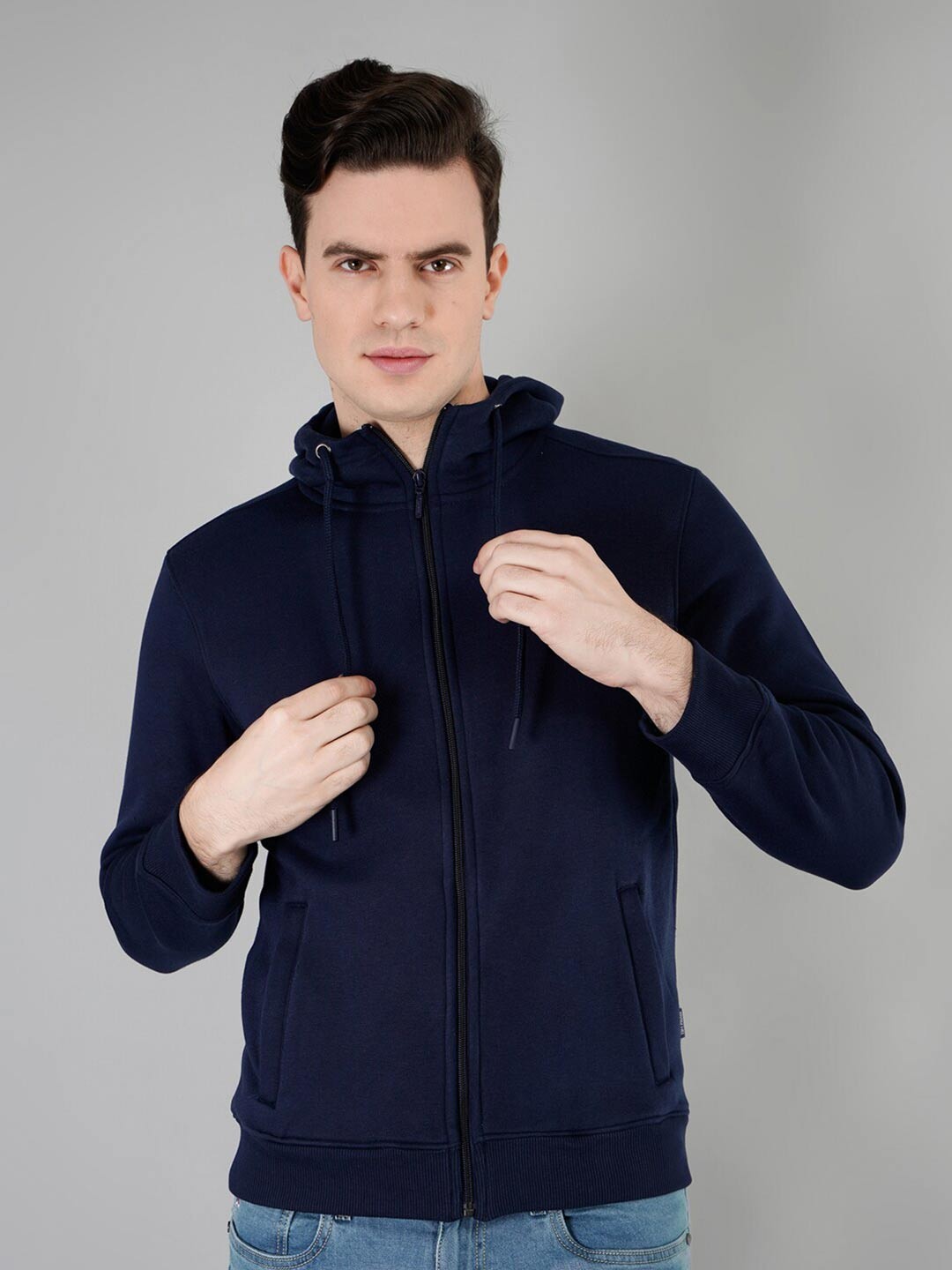 

TIM PARIS Hooded Stretchable Cotton Front Open Sweatshirt, Navy blue