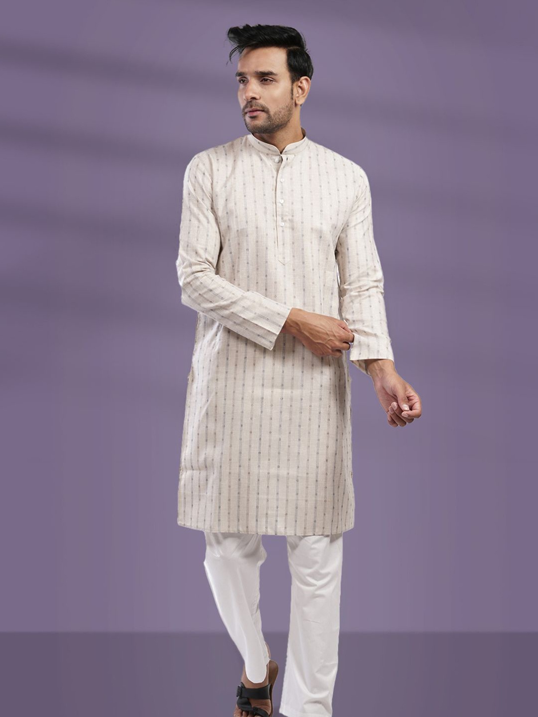 

Lightpole Striped Thread Work Woven Design Cotton Straight Kurta, Cream