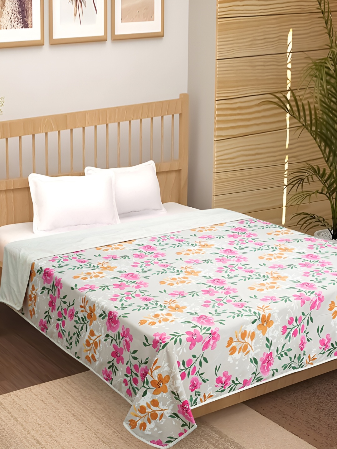 

bsb home Beige & Pink Floral Printed Cotton 120 GSM Reversible Double Bed Dohar