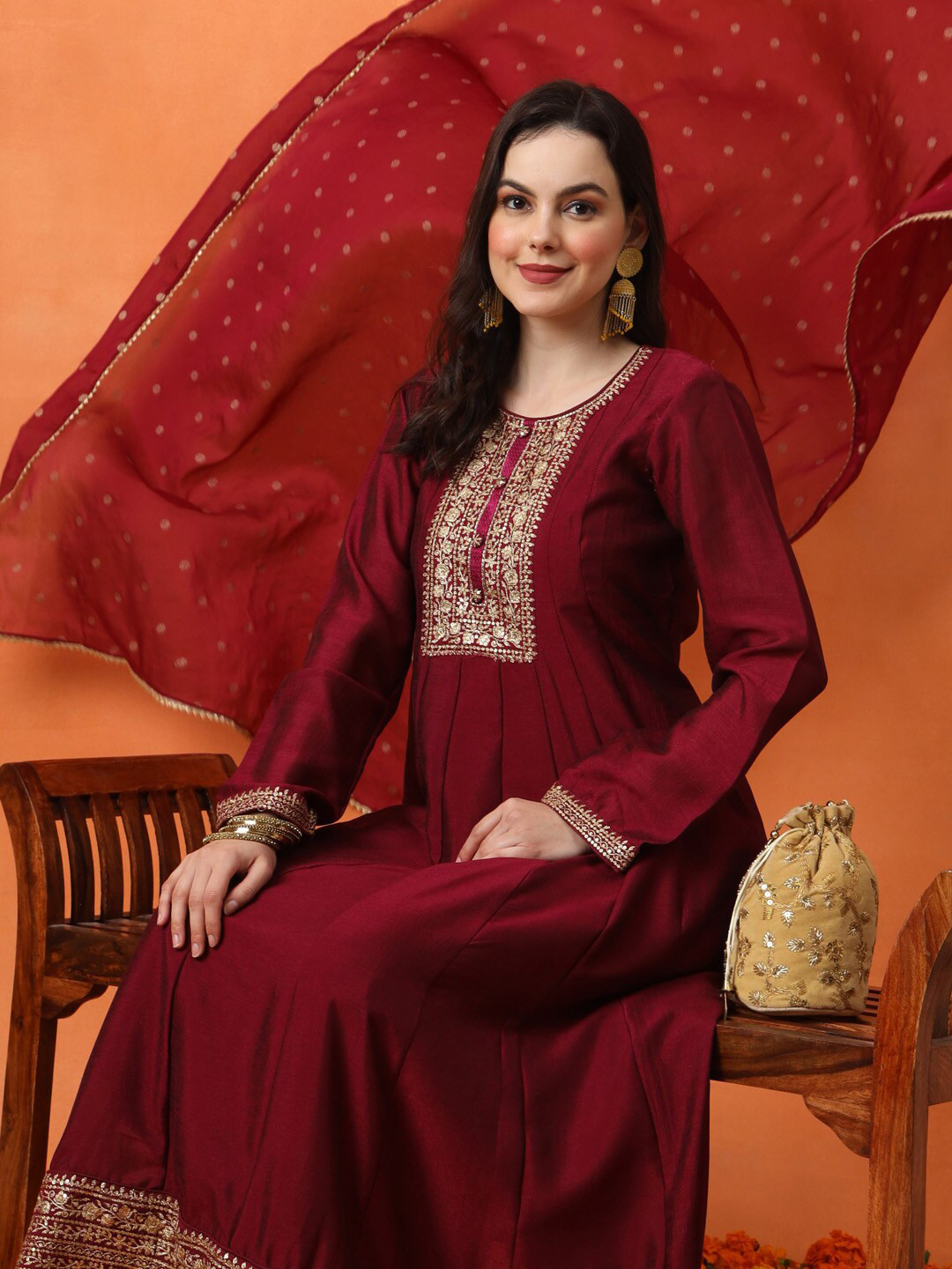 

Anouk Embroidered Empire Kurta with Trousers & Dupatta, Maroon
