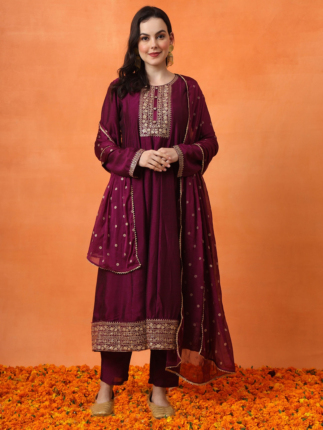 

Anouk Embroidered Empire Kurta with Trousers & Dupatta, Burgundy