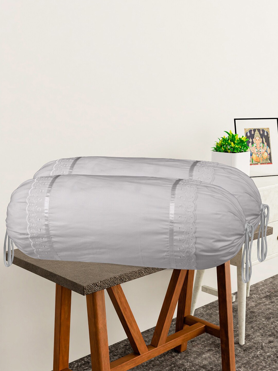 

Kuber Industries Grey 2 Pieces Lace Design Cotton Bolster Covers