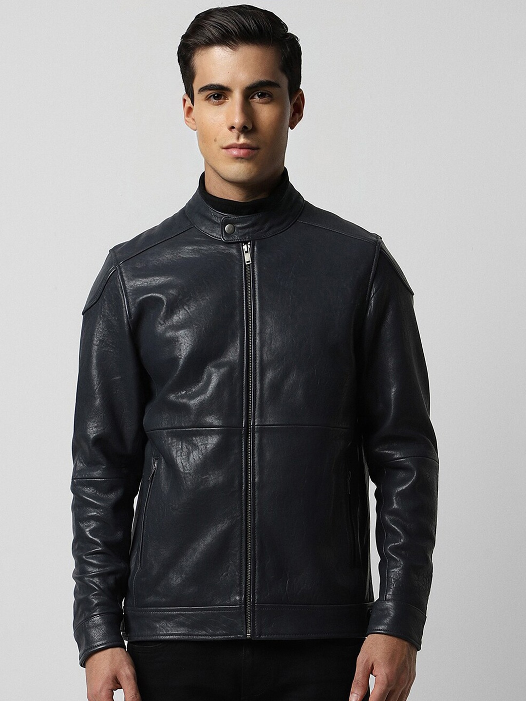 

Van Heusen Sport Stand Collar Pure Cotton Biker Jacket, Navy blue