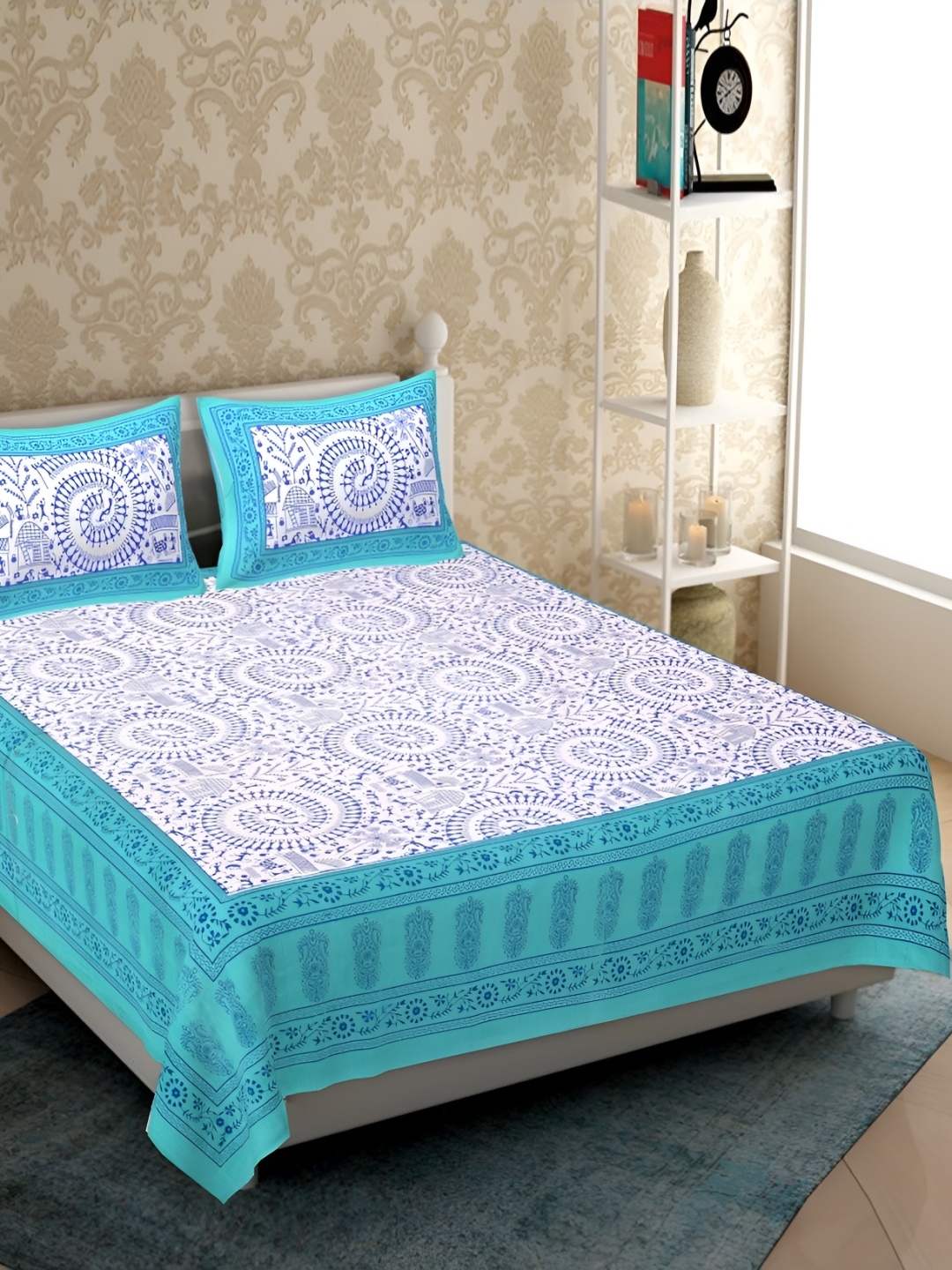 

UBANIA COLLECTION Blue Ethnic Printed 120 TC Cotton Queen Bedsheet with 2 Pillow Covers, Turquoise blue