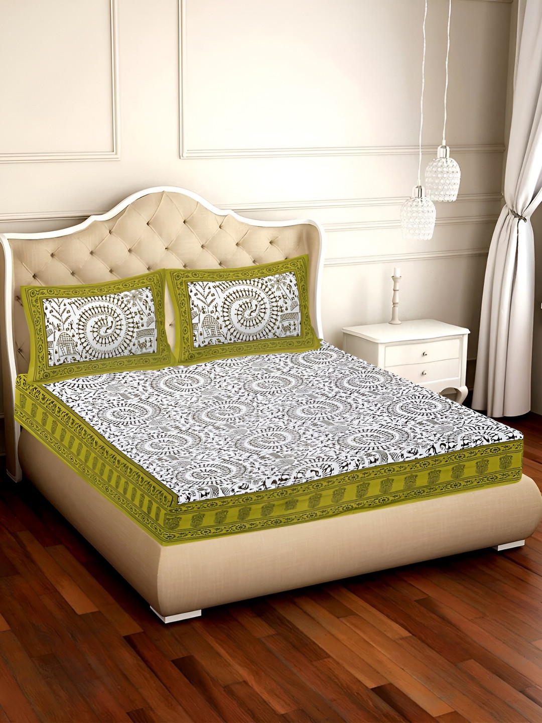 

UBANIA COLLECTION Green & White Printed Cotton 120 TC Queen Bedsheet with 2 Pillow Covers