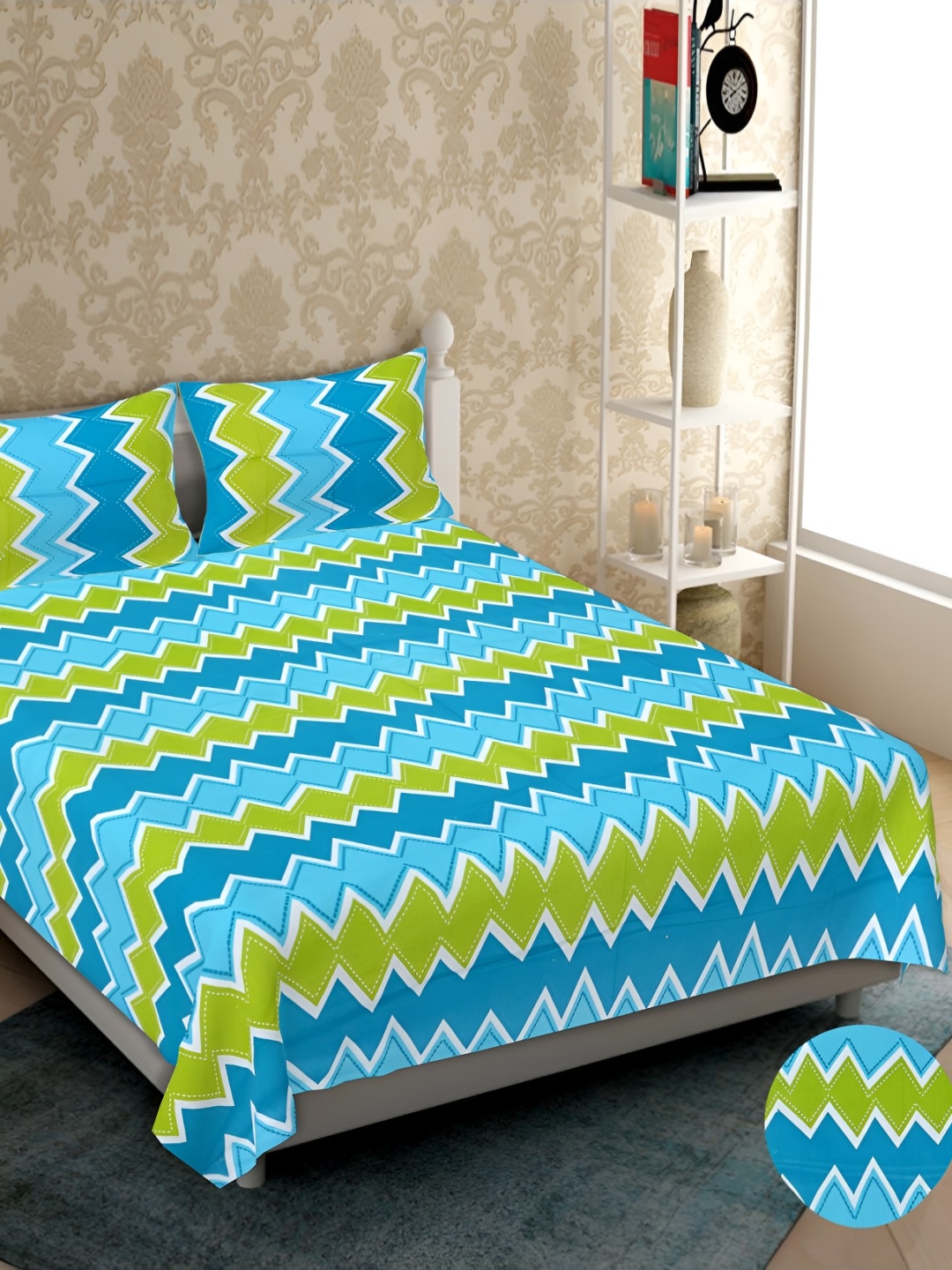 

UBANIA COLLECTION Turquoise Blue Printed Cotton 120 TC Queen Bedsheet with 2 Pillow Covers