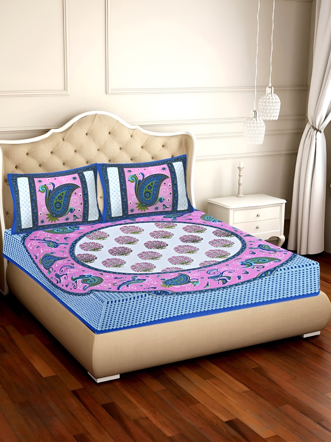 

UBANIA COLLECTION Blue Ethnic Printed 120 TC Cotton Queen Bedsheet with 2 Pillow Covers