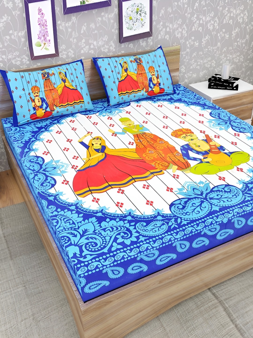 

UBANIA COLLECTION Blue Printed 120 TC Cotton Queen Bedsheet with 2 Pillow Covers