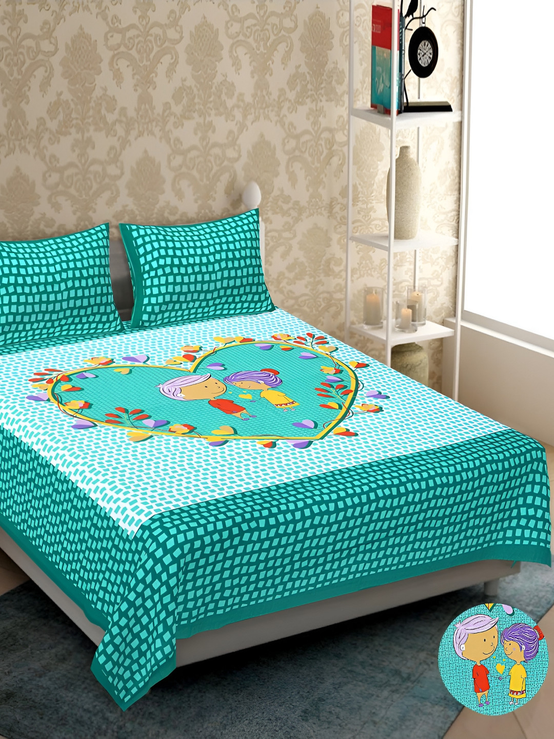 

UBANIA COLLECTION Turquoise Blue Printed Cotton 120 TC Queen Bedsheet with 2 Pillow Covers